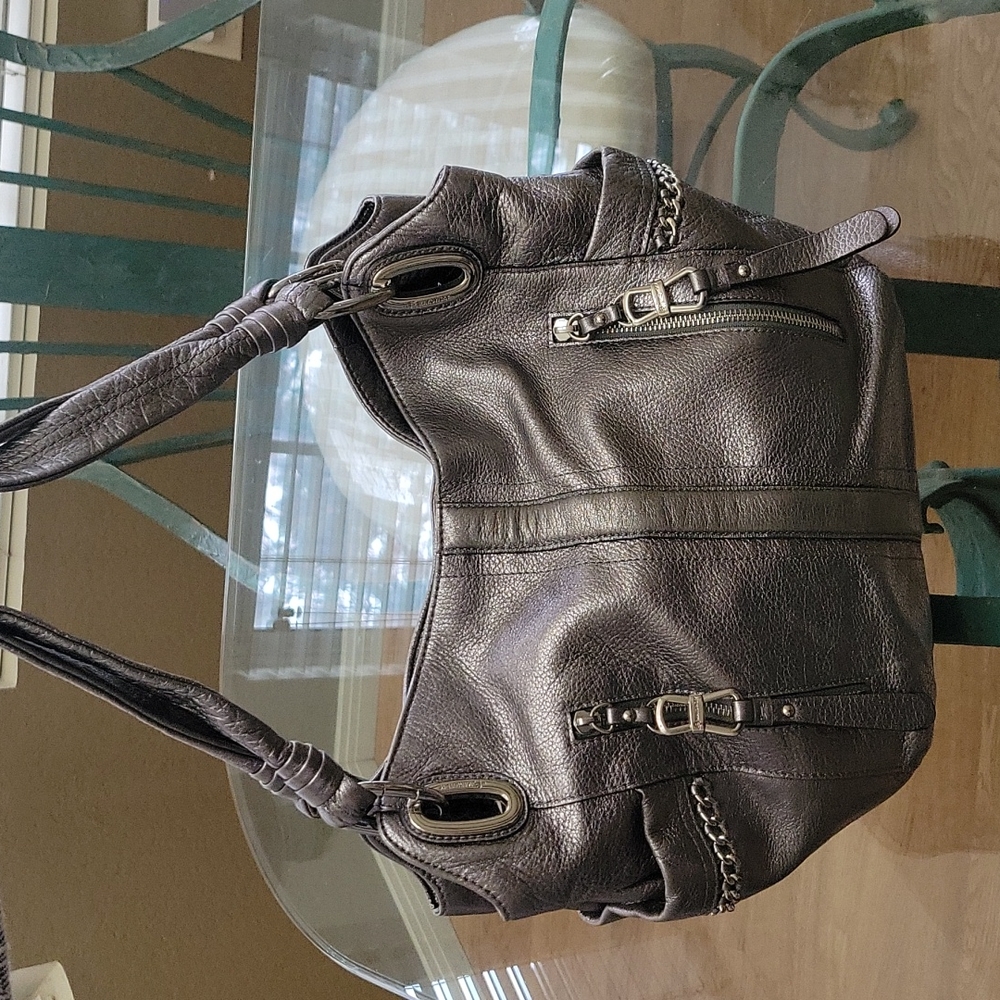 B. Makowsky Pewter Leather Alice Shopper Hobo Bag Purse